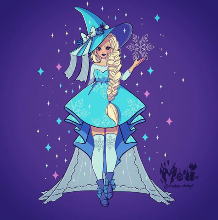Elsa con disfraz de bruja, ilustrada por Meri