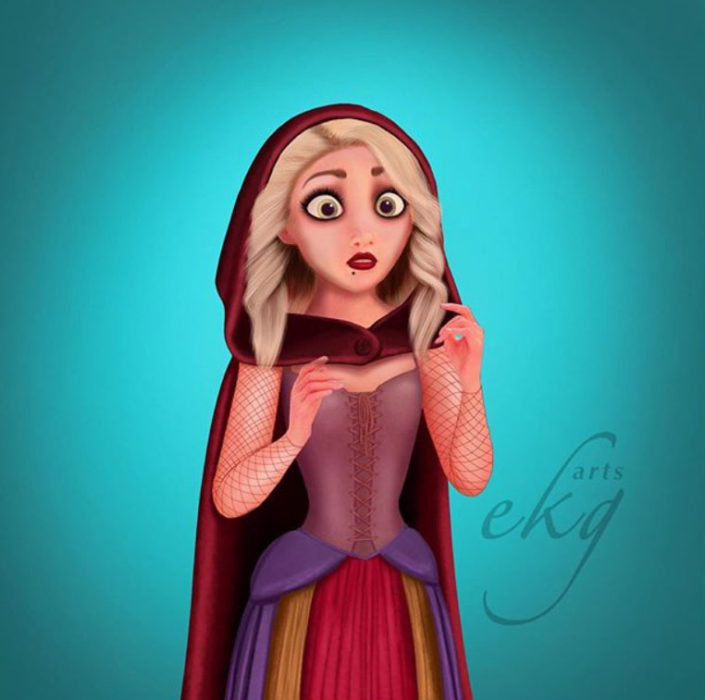 Elsa convertida en bruja, usando un vestido de colores y su capa con gorroal estilo de Sarah de Hocus Pocus