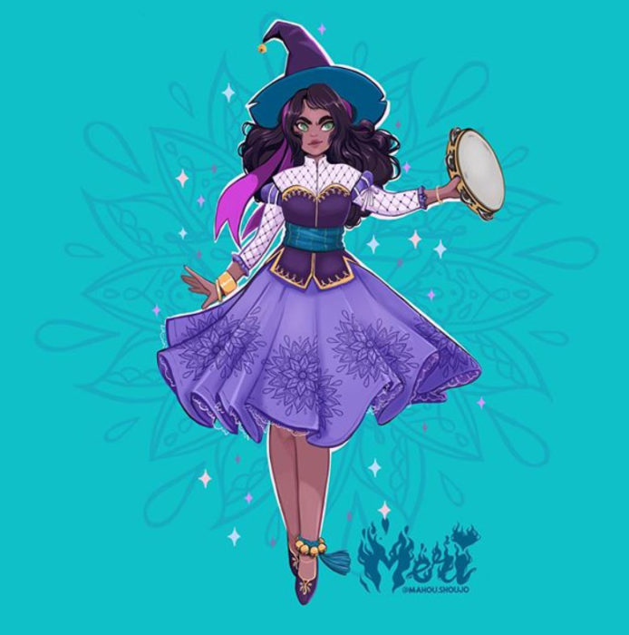 Esmeralda con disfraz de bruja, ilustrada por Meri