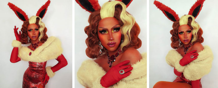 Drag Queen C-PHER usando el cosplay del pokémon Flareon