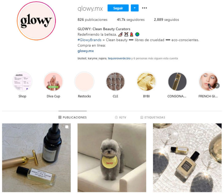 Screen shot del perfil de Instagram de Glowy