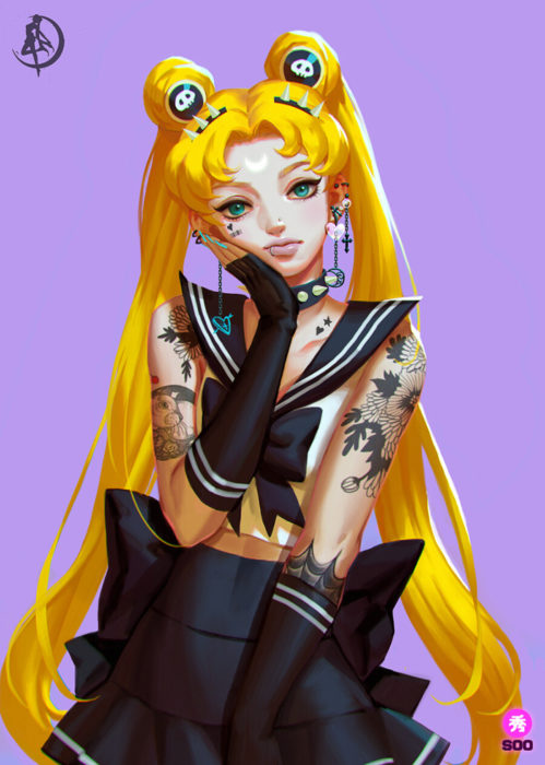 Ilustraciones de Sailor Moon versión rudas creadas por soo_k; Serena Tsukino con tatuajes de conejo y flores en los brazos, perforaciones en las orejas, labio y nariz y uniforme negro