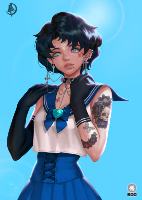 Ilustraciones de Sailor Moon versión rudas creadas por soo_k; Mercurio, Ami Mizuno con tatuajes de mariposas, flores y calaveras en el brazo, perforaciones en la nariz, labios y orejas y guantes negros