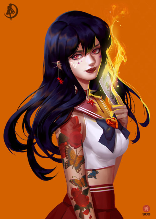 Ilustraciones de Sailor Moon versión rudas creadas por soo_k; Marte, Mars, Rei Hino con tatuajes de flores y mariposas en el brazo, perforaciones en la oreja y labio