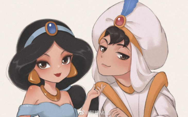 Artista china ilustra princesas Disney en versión tierna; Jasmín y Aladdín
