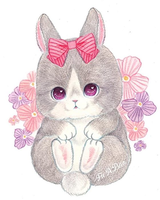 Ilustración kawaii de conejito con un moño rosa en la cabeza