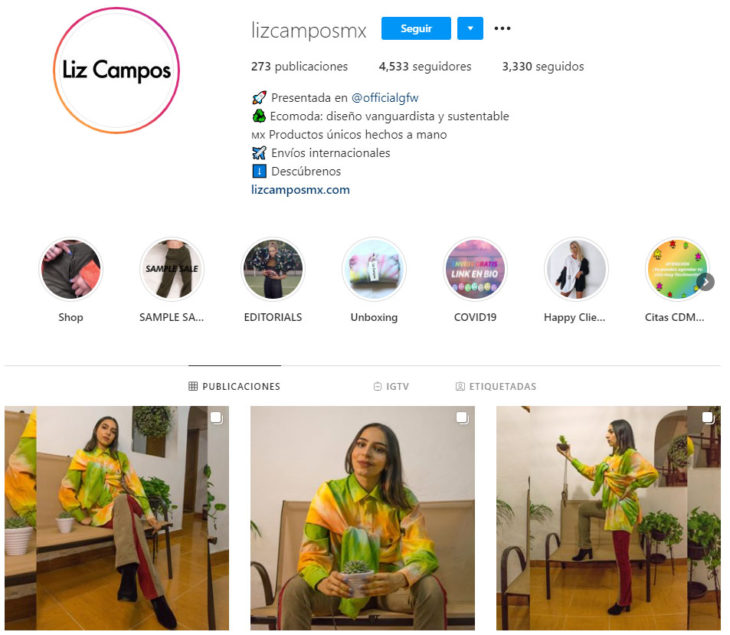 Perfil de instagram de la marca de ropa mexicana Liz Campos