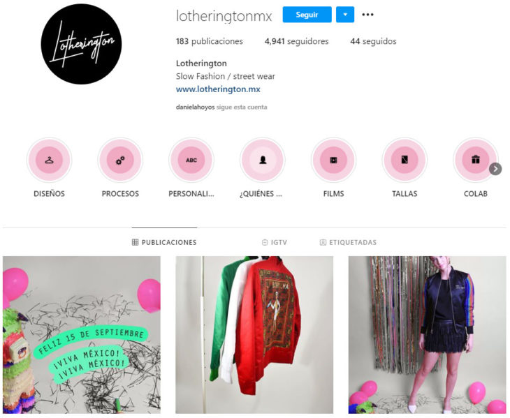 Perfil de instagram de la marca de ropa mexicana Lotherington