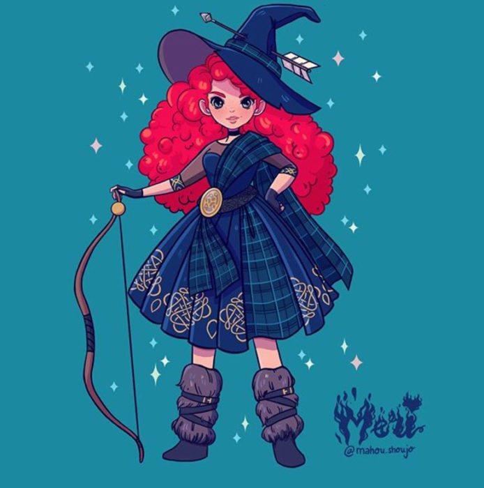 Merida con disfraz de bruja, ilustrada por Meri