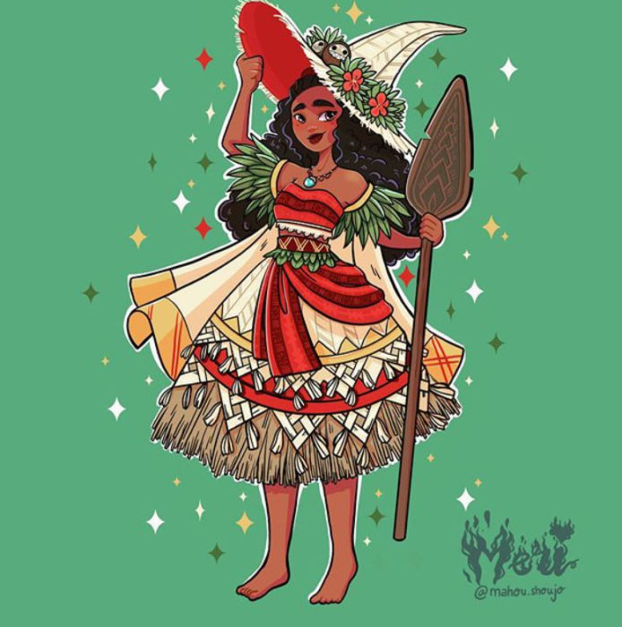 Moana con disfraz de bruja, ilustrada por Meri