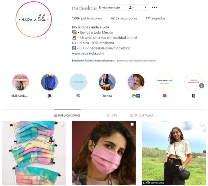 Perfil de instagram de la marca de ropa mexicana Nada a Lola