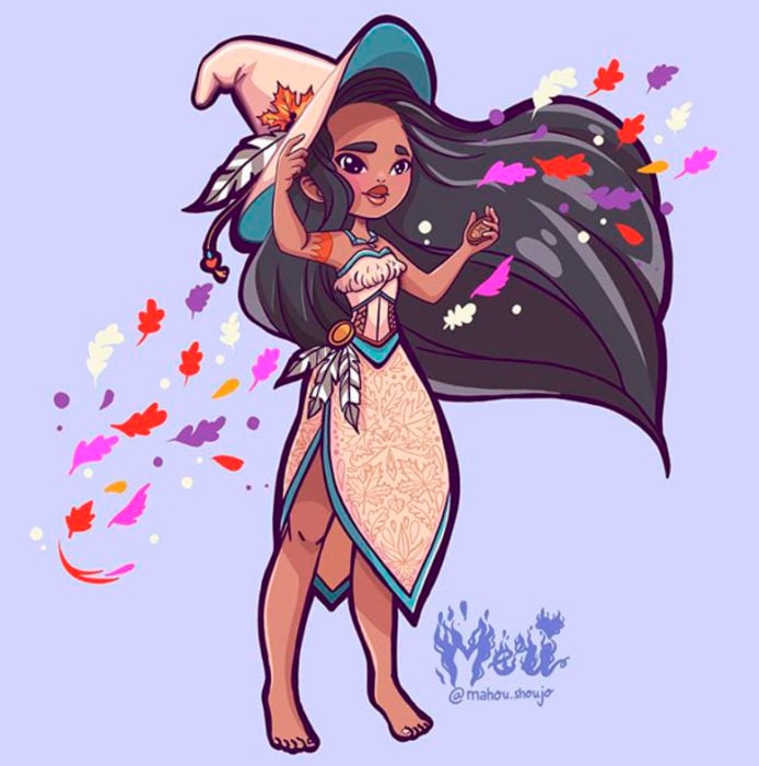 Pacahontas con disfraz de bruja, ilustrada por Meri