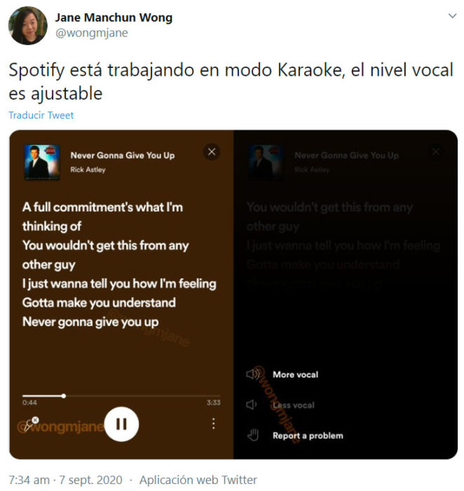 Screen shot de tuiter de Jane Manchun Wong, hablando acerca del modo karaoke de Spotify
