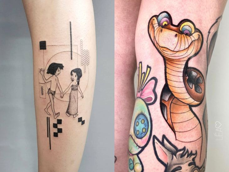 Tatuaje de Disney en el brazo y la pierna, El libro de la selva, Mowgli, serpiente Kaa