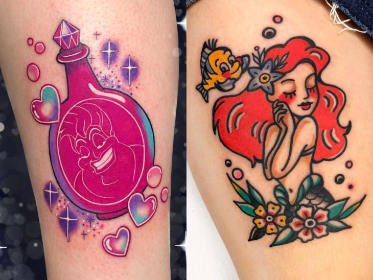 Tatuaje de Disney en la pierna, La Sirenita, Ariel, Úrsula