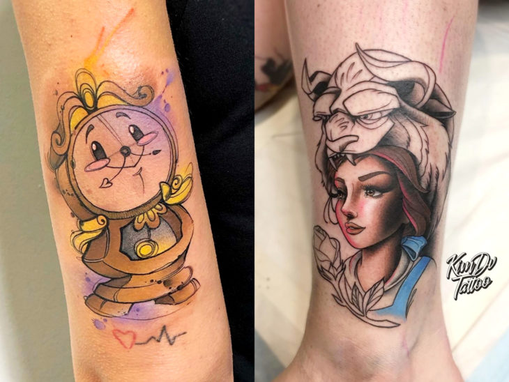 Tatuaje de Disney en la pierna y brazo, La bella durmiente, reloj Tic Toc