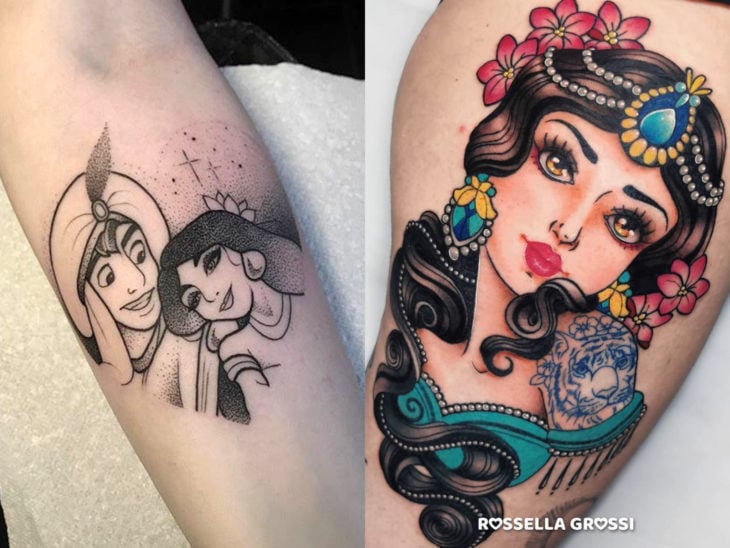 Tatuaje de Disney en la pierna y el brazo, Aladdín y Jasmín