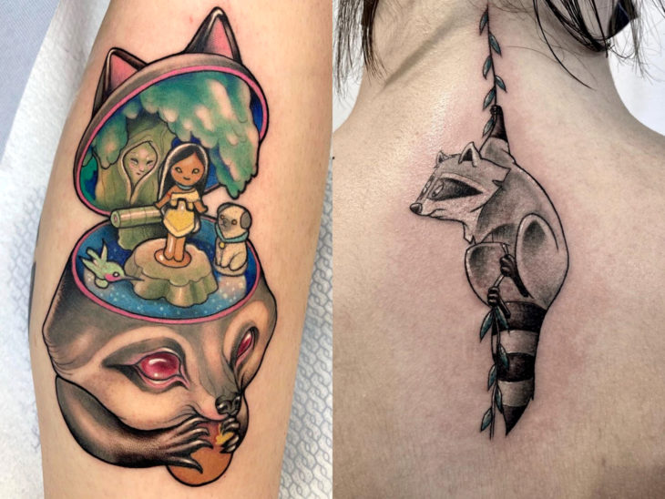 Tatuaje de Disney en la pierna y espalda, Pocahontas como Polly Pocket, Meeko mapache