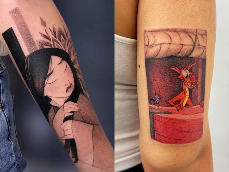 Tatuaje de Disney en el brazo, Mulan, Mushu y Crick-kee