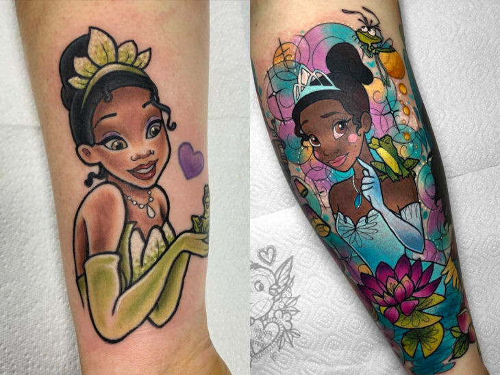 Tatuaje de Disney en el brazo, La princesa y el sapo, Tiana, rana Naveen