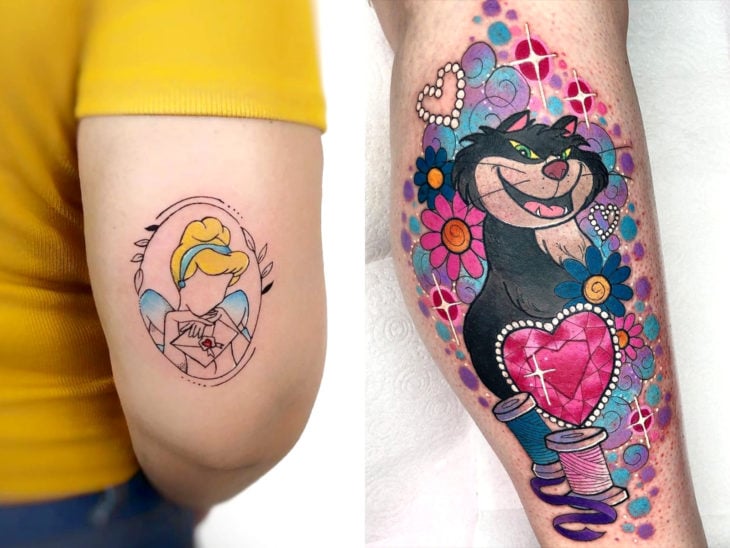 Tatuaje de Disney en el brazo y pierna, Cenicienta y gato Lucifer