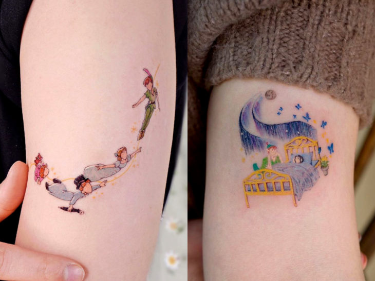 Tatuaje de Disney en el brazo, Peter Pan, Wendy y los niños