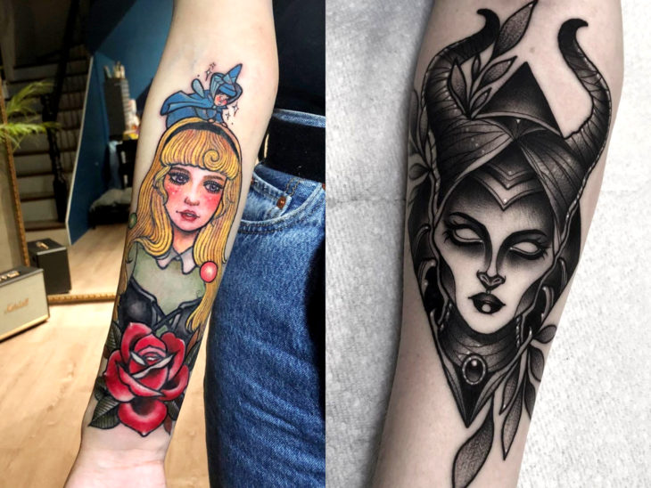 Tatuaje de Disney en el brazo, La bella durmiente, Aurora, Maléfica