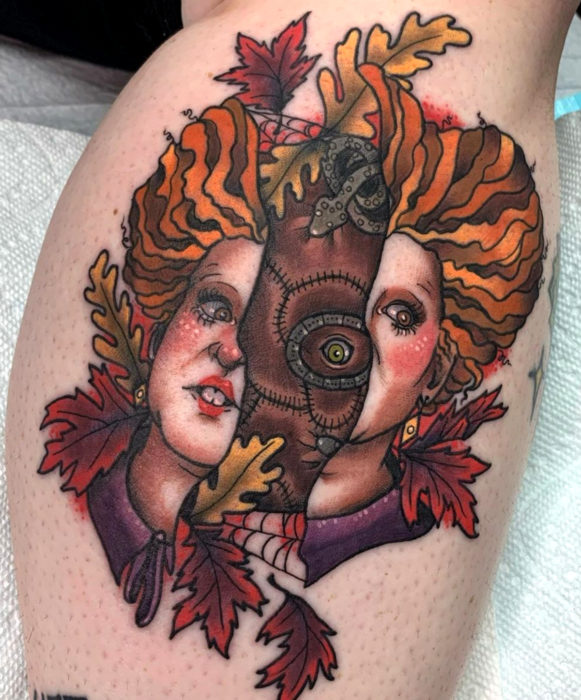 Tatuajes de la película de brujas Hocus Pocus; tatuaje de Winifred y el libro de hechizos