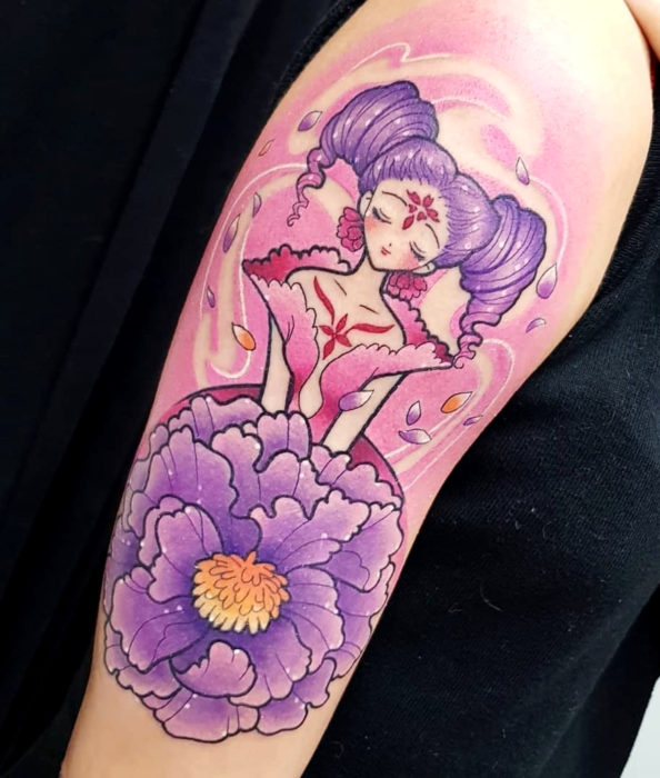 Tatuaje de Sakura Card Captor colorido en el brazo, Carta Clow The Flower, La flor