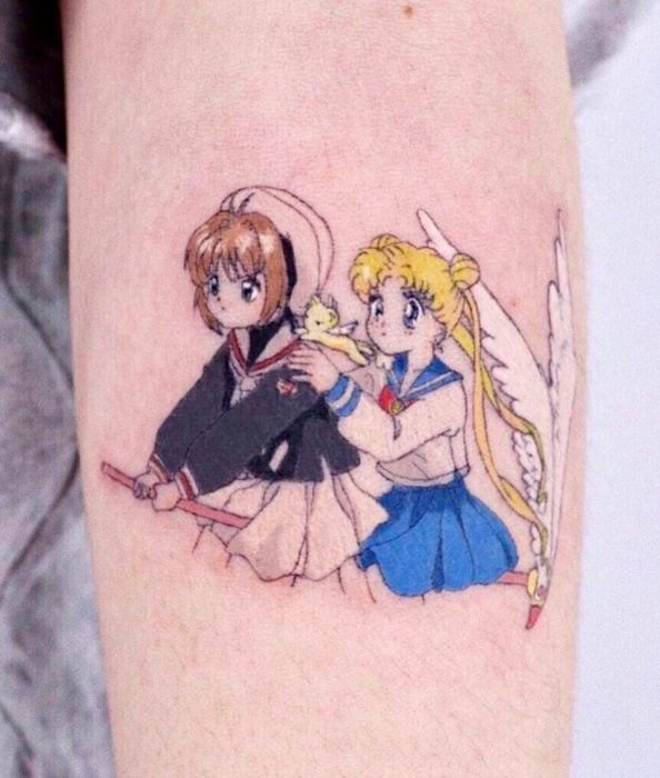Tatuaje de Sakura Card Captor pequeño en el brazo, Sakura, Kero y Sailor Moon