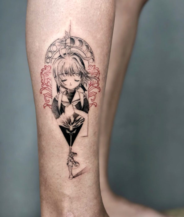 Tatuaje de Sakura Card Captor en línea negra en la pierna