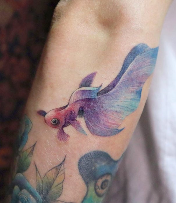 Diseños bonitos de tatuajes de acuarelas; tatuaje de pez beta en el brazo