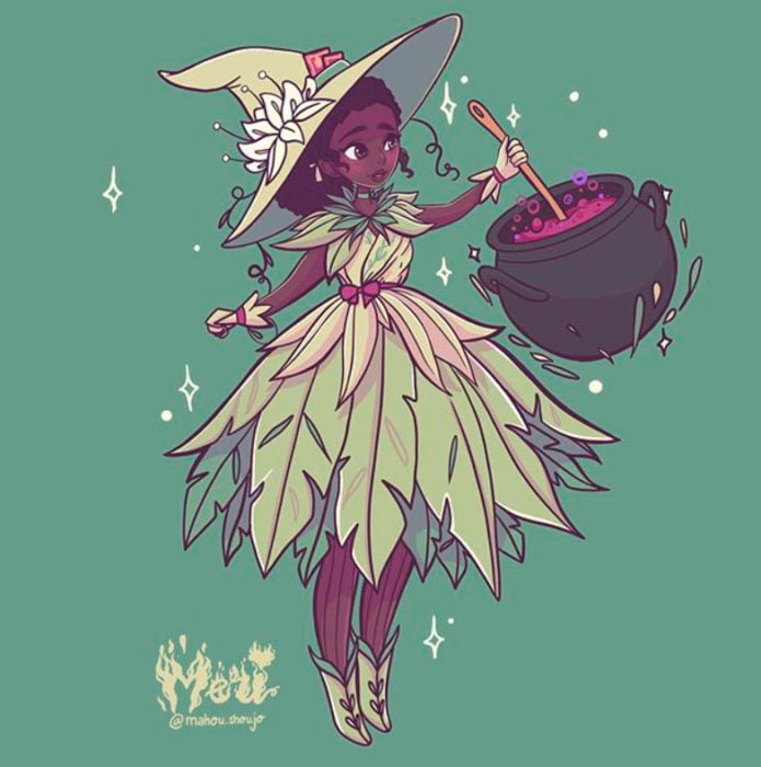 Tiana  con disfraz de bruja, ilustrada por Meri