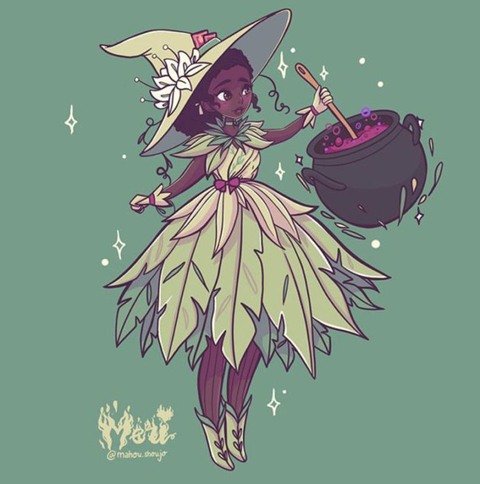 Tiana  con disfraz de bruja, ilustrada por Meri