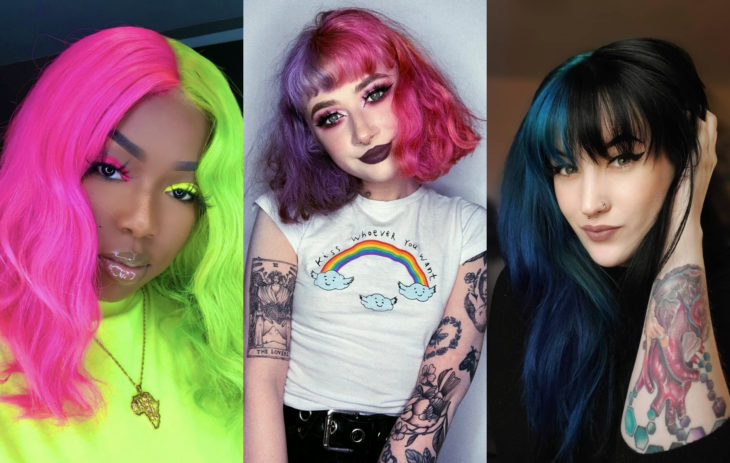 Tintes de cabello tendencia del otoño 2020; mitad y mitad, color fantasía roza, verde neón, morado, azul, negro