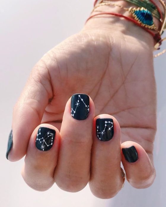 Diseño de manicura en uñas cortas en color negro con constelaciones en color blanco