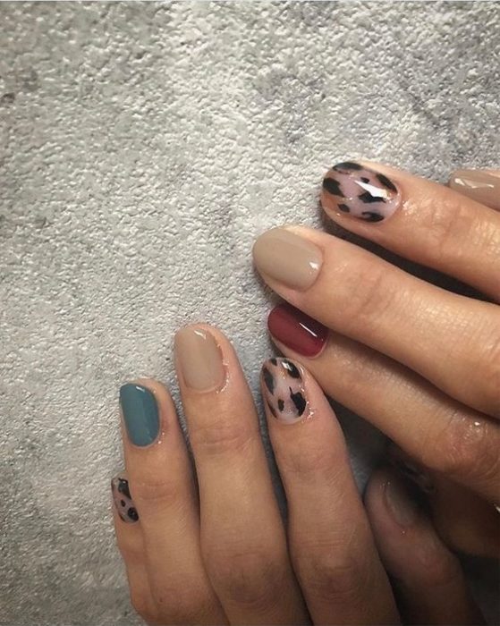 Manicura en diseño animal print en colores nordicos con diseño en varios dedos