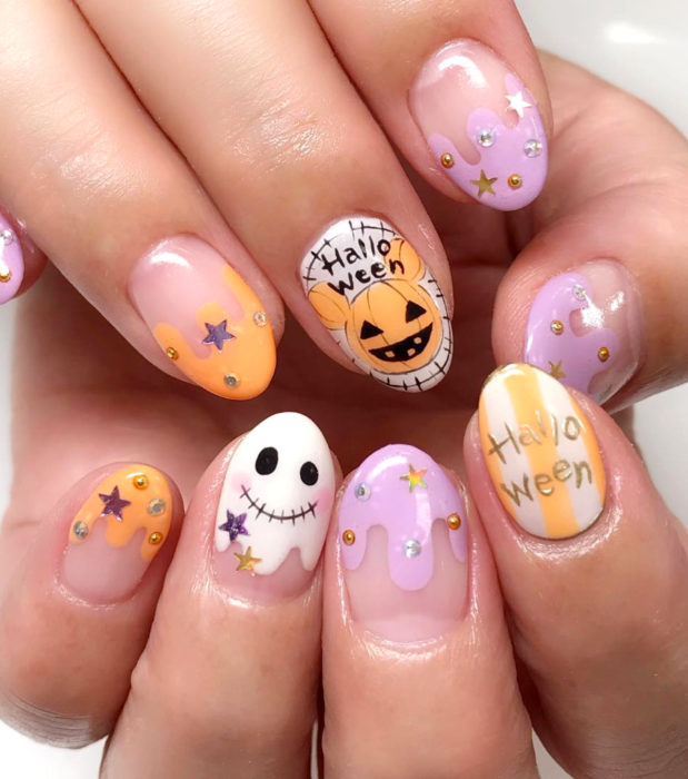 Diseños de uñas kawaii, tiernas en color pastel de Halloween; almendra, calabazas, fantasmas y Mickey Mouse