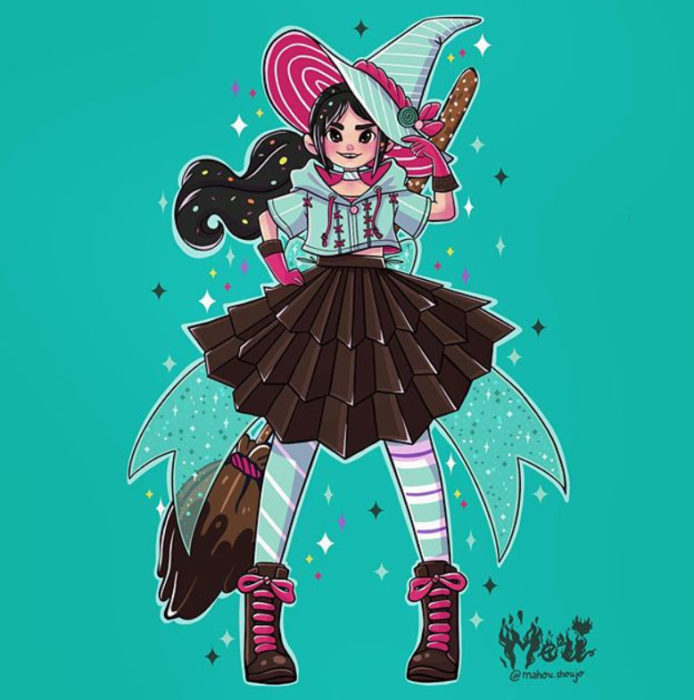 Vanellope von Schweetz con disfraz de bruja, ilustrada por Meri