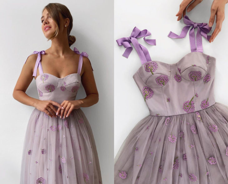Larne Studio hace bonitos vestidos de corsé; morado lila, flores hortensias, tul