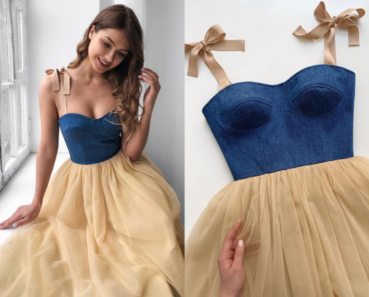 Larne Studio hace bonitos vestidos de corsé; tul amarillo, top de mezclilla