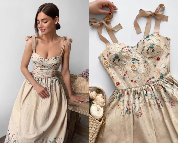 Larne Studio hace bonitos vestidos de corsé; color hueso con flores pintadas