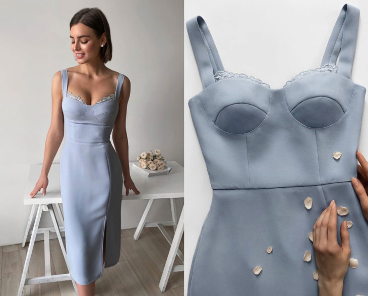 Larne Studio hace bonitos vestidos de corsé; azul cielo pegado