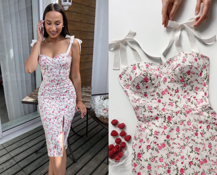 Larne Studio hace bonitos vestidos de corsé; blanco, flores rosas