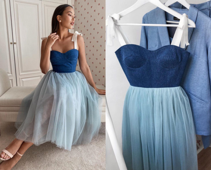 Larne Studio hace bonitos vestidos de corsé; tul azul cielo y top de mezclilla