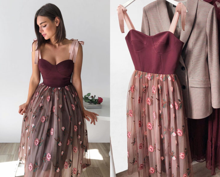 Larne Studio hace bonitos vestidos de corsé; rojo vino, tul bordado con flores rosas