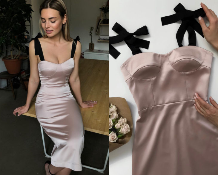 Larne Studio hace bonitos vestidos de corsé; seda rosa palo, listón negro