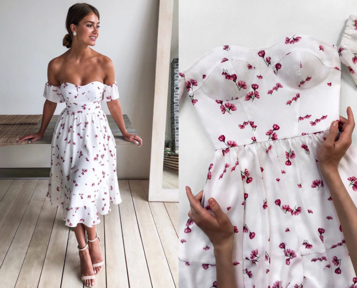 Larne Studio hace bonitos vestidos de corsé; blanco con flores rosas, campesino