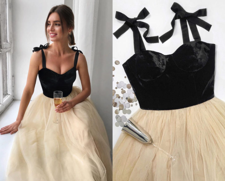 Larne Studio hace bonitos vestidos de corsé; tul color hueso, top negro de terciopelo