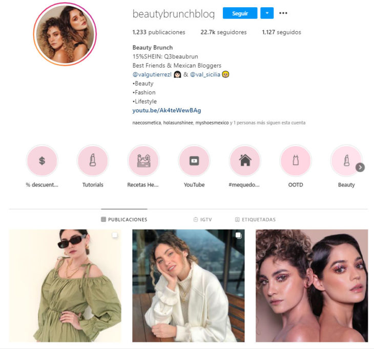 Screen shot del perfil de Instagram de la cuenta beautybrunchblog